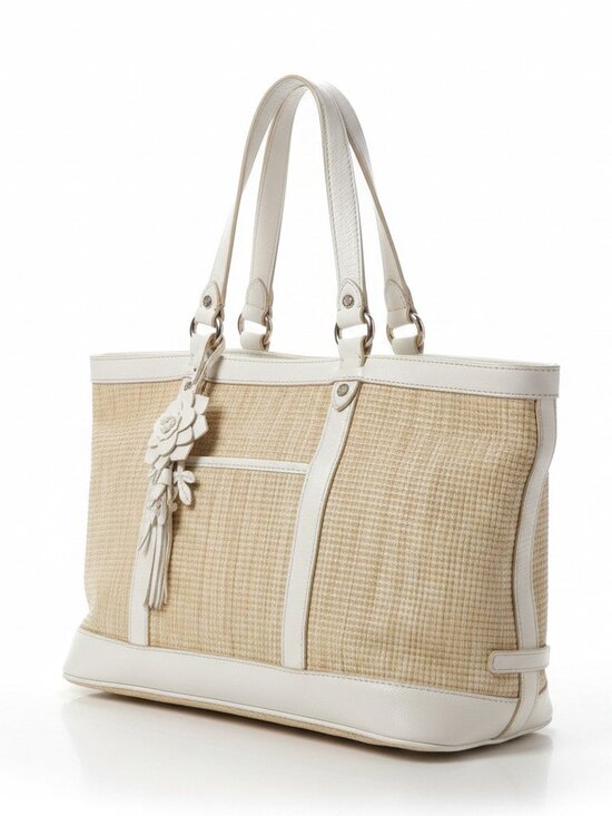 Cole Haan Handbags - Cole Haan Raffia White Patent Leather Tote Floral Charm Summer Bag Beach GUC